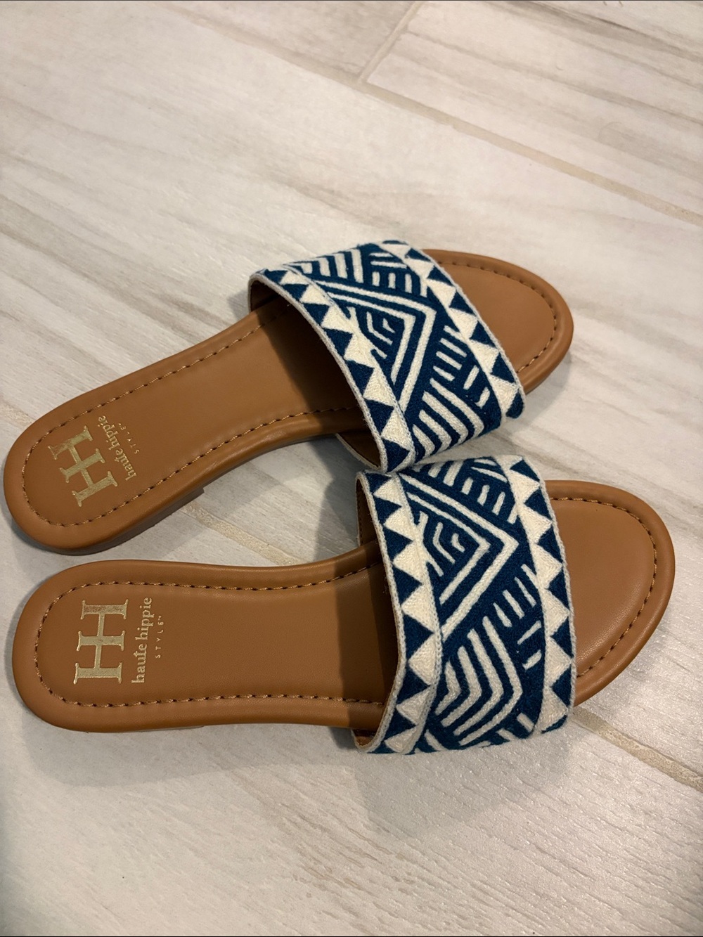 Haute Hippie Navy & White Geometric Slide Sandals
